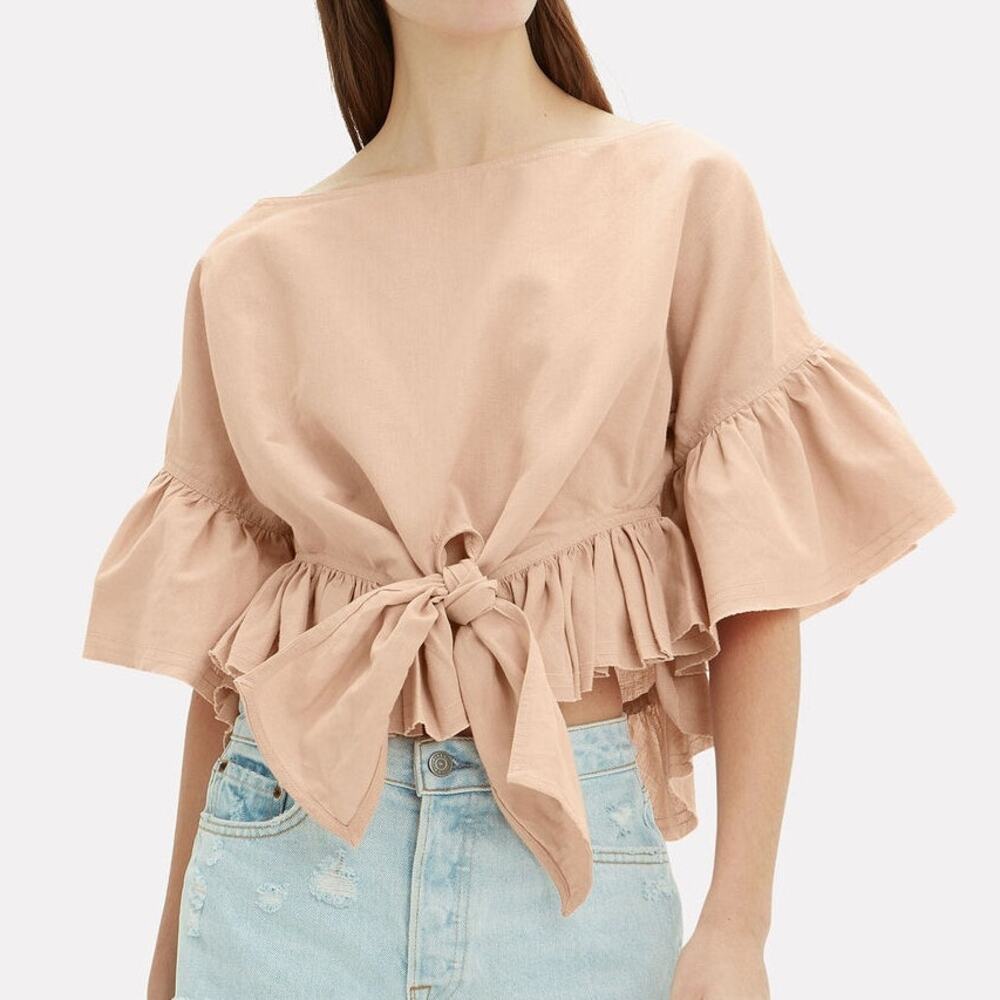 IRO Linn Linen Blend Ruffle Sleeve Tie-Front Crop Blouse Beige Women's 38 / US 6